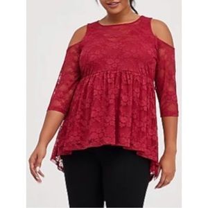 Torrid Lace Cold Shoulder 3/4 Sleeve Peplum Top Wine Red | Size 0